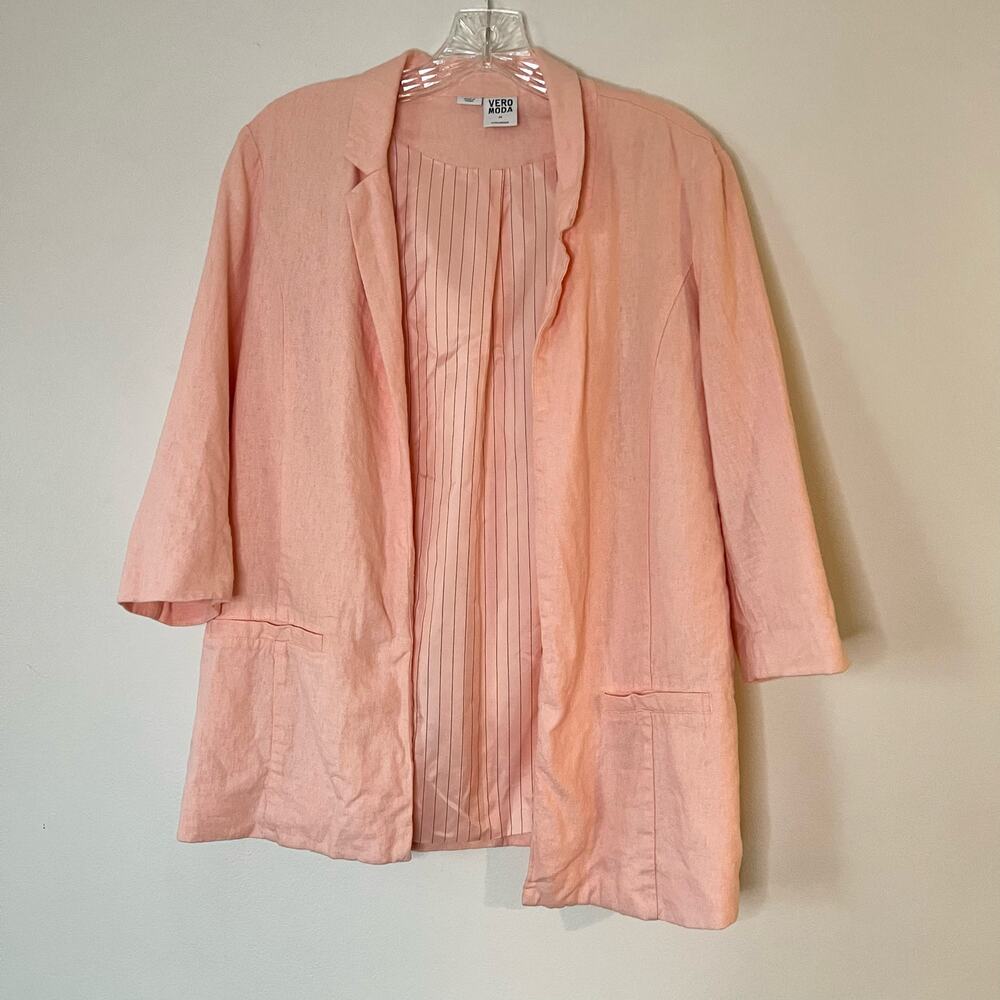 Vero Moda Linen 3/4 Sleeve Boyfriend Open Blazer Peach Sz 36